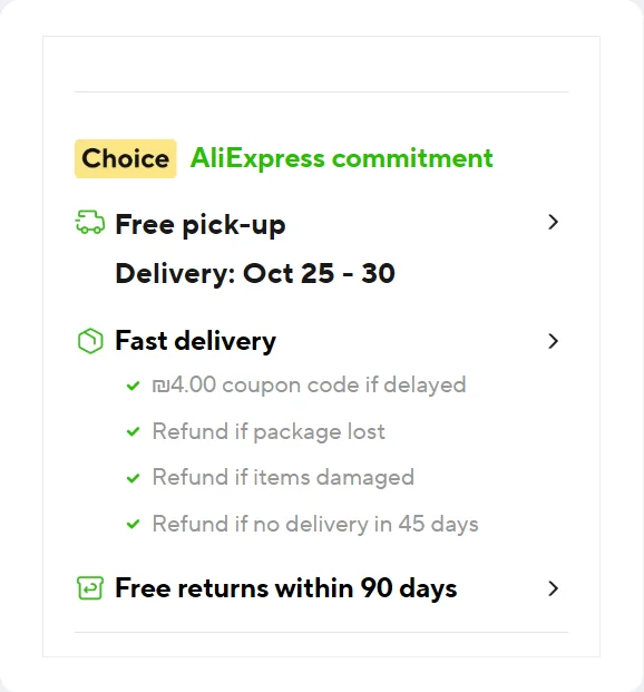 פאנל Choice בעמוד מוצר באלי אקספרס עם מועד אספקה, קוד פיצוי על איחור והחזרה חינם תוך 90 יום