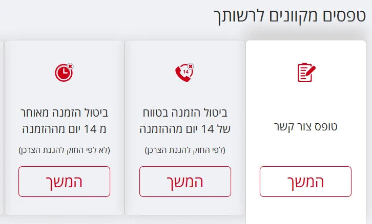 טפסים מקוונים בעמוד שירות הלקוחות של אשת טורס: ביטול בתוך 14 יום מההזמנה וביטול מאוחר יותר