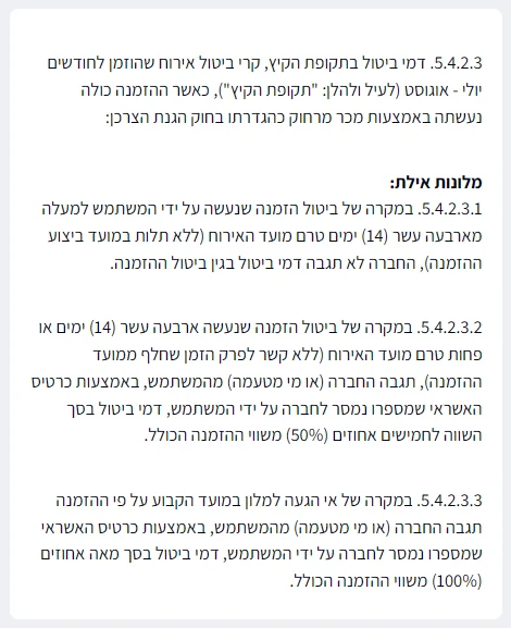 סעיפי מדיניות הביטולים של פתאל לתקופת הקיץ במלונות אילת: חלון של 14 ימים, 50% בתוך החלון ו-100% באי הגעה