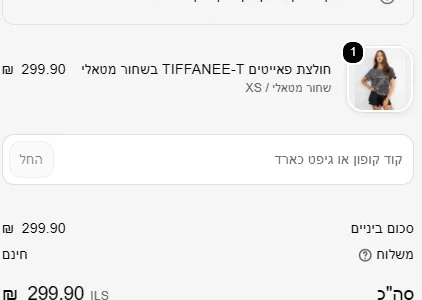 עמוד התשלום של סטיב מאדן כשבעגלה רק פריט שהקוד לא חל עליו: אין שורת הנחה, והודעה לבקשת קוד קופון